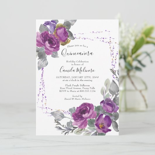 Paarse Roos Confetti Lijst Bloemen Quinceanera Kaart (Staand voorkant)