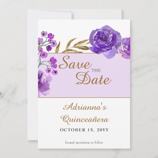 Paarse Roos en bladgoud Quinceanera Foto Save The Date (Voorkant)