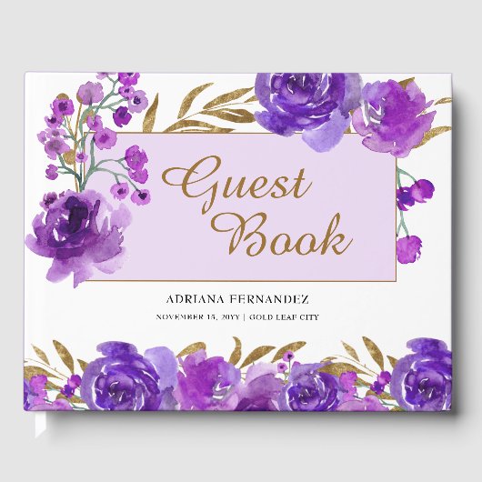 Paarse Roos en bladgoud Viering Gastenboek (Voorkant)