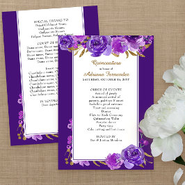 Paarse Roos en Elegant bladgoud Quinceanera Programmakaart