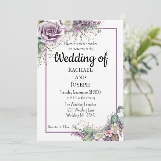 Paarse Roos en Eucalyptamint Bruiloft Kaart (Staand voorkant)