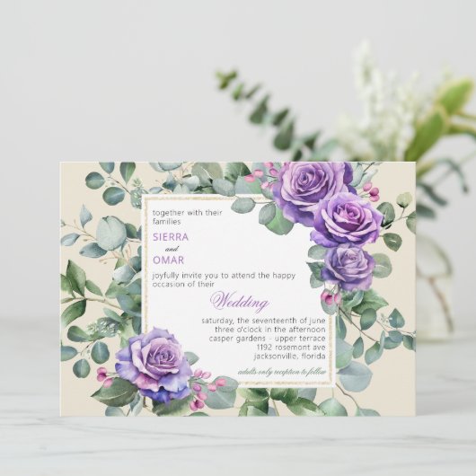 Paarse Roos en Eucalyptus bruiloft uitnodiging (Staand voorkant)