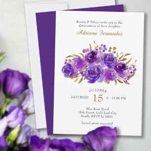 Paarse Roos en Gouden Blad Quinceanera Uitnodiging