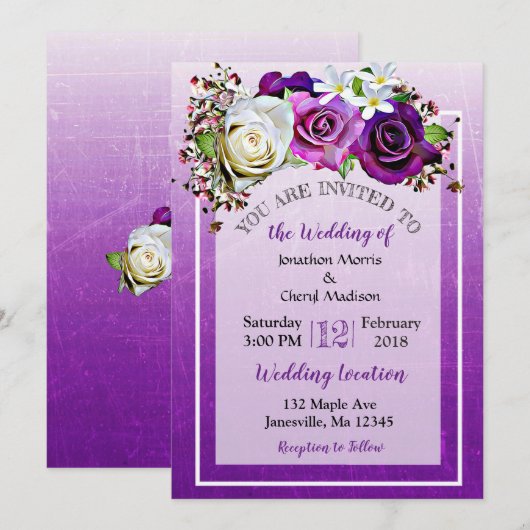Paarse Roos Floral bruiloft uitnodigingen (Voorkant / Achterkant)