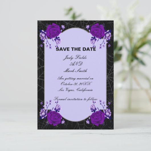 Paarse Roos Floral Spiderweb Weddenschap Aankondiging (Staand voorkant)