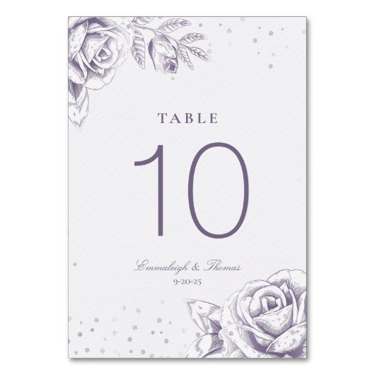  Paarse Roos Glitter Trouwtafel Nummer Kaart (Voorkant)