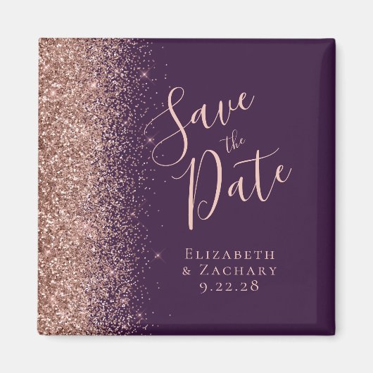 Paarse Roos Gold Glitter Script Save the Date Magneet (Voorkant)