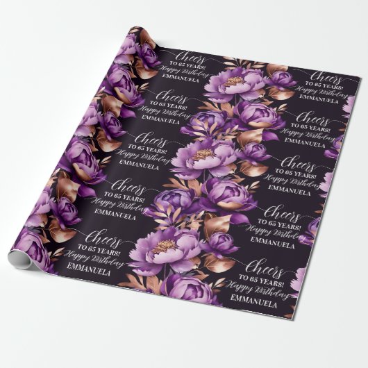 Paarse roos Gold Happy Birthday gepersonaliseerd Cadeaupapier (Uitgerold)