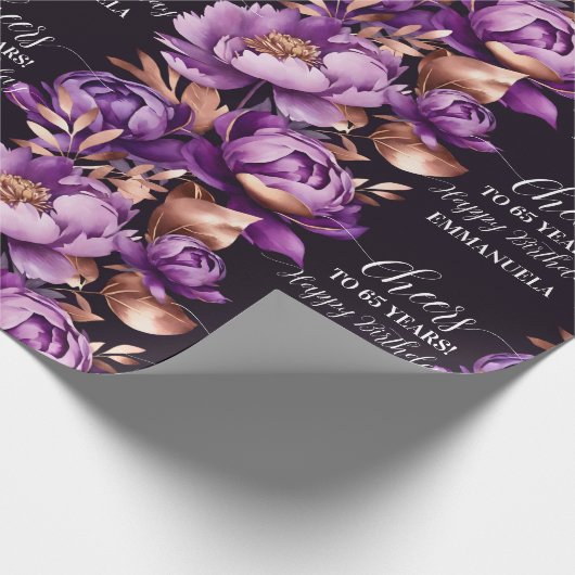 Paarse roos Gold Happy Birthday gepersonaliseerd Cadeaupapier (Hoek)