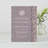 Paarse Roos Goud  Patroon Moslim Bruiloft Kaart (Staand voorkant)