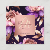 Paarse roos goudbloemen chique moderne sjabloon vierkante visitekaartje (Voorkant)