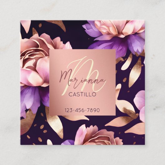 Paarse roos goudbloemen chique moderne sjabloon vierkante visitekaartje (Voorkant)
