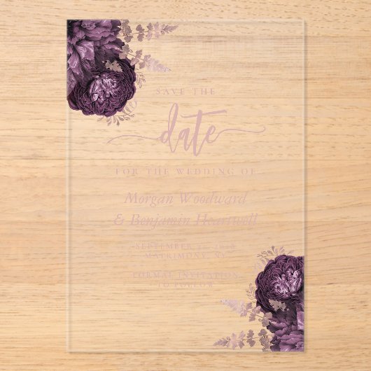 Paarse Roos Gouden Bloemen Huwelijk Save the Date Acryl Uitnodigingen (Voorkant)