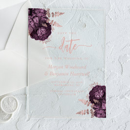 Paarse Roos Gouden Bloemen Huwelijk Save the Date Acryl Uitnodigingen