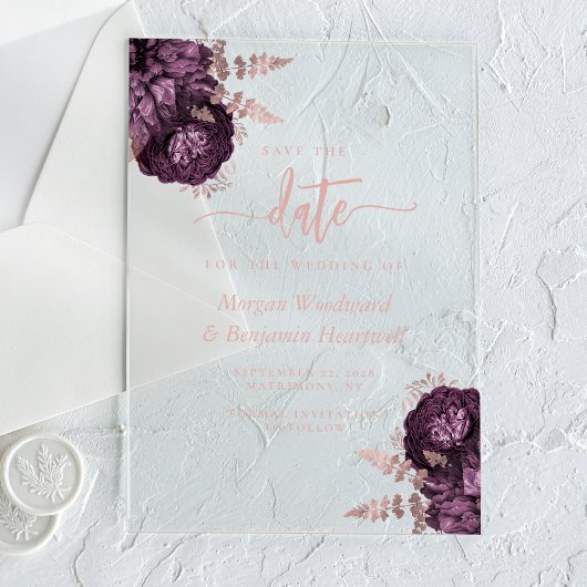 Paarse Roos Gouden Bloemen Huwelijk Save the Date Acryl Uitnodigingen