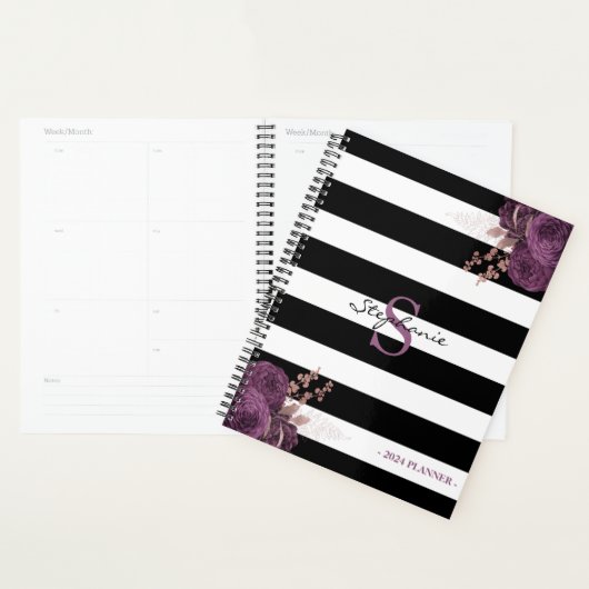 Paarse Roos Gouden Bloemen Monogram Zwart Wit 2024 Planner (Display)