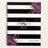 Paarse Roos Gouden Bloemen Monogram Zwart Wit 2024 Planner (Voorkant)