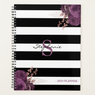 Paarse Roos Gouden Bloemen Monogram Zwart Wit 2024 Planner