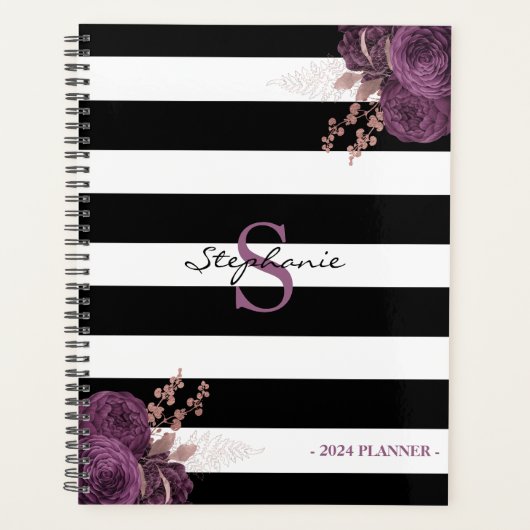 Paarse Roos Gouden Bloemen Monogram Zwart Wit 2024 Planner (Voorkant)