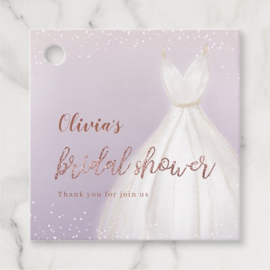 Paarse Roos Gouden Elegante Jurk Bruidsbeurtschouw Bedankjes Labels (Voorkant)