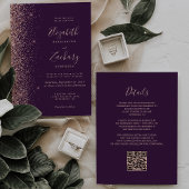 Paarse Roos Gouden Glitter Edge QR Code Wedding Kaart