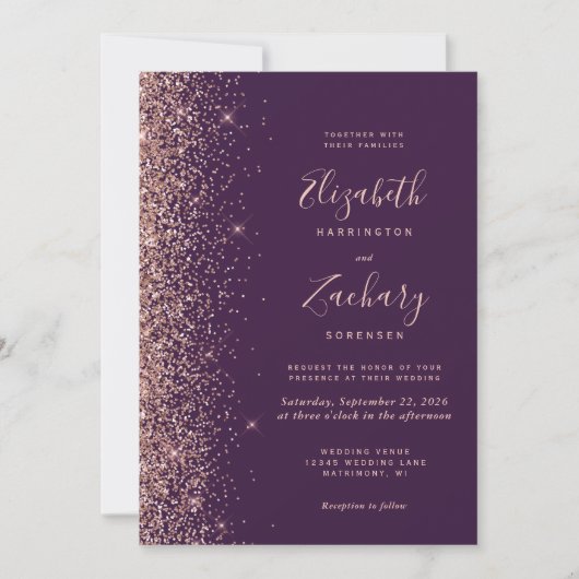 Paarse Roos Gouden Glitter Edge QR Code Wedding Kaart (Voorkant)