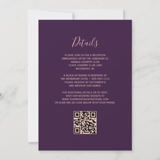 Paarse Roos Gouden Glitter Edge QR Code Wedding Kaart (Achterkant)