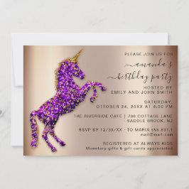 Paarse Roos Gouden Glitter Eenhoorn Paard Verjaard Kaart