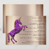 Paarse Roos Gouden Glitter Eenhoorn Paard Verjaard Kaart (Voorkant / Achterkant)