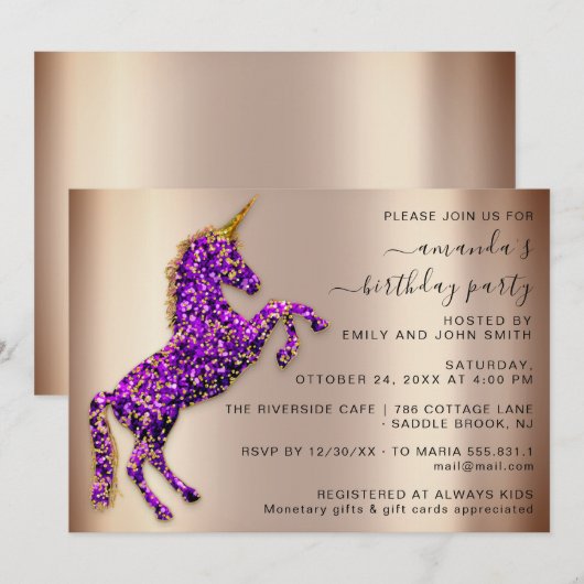 Paarse Roos Gouden Glitter Eenhoorn Paard Verjaard Kaart (Voorkant / Achterkant)
