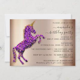 Paarse Roos Gouden Glitter Eenhoorn Paard Verjaard Kaart