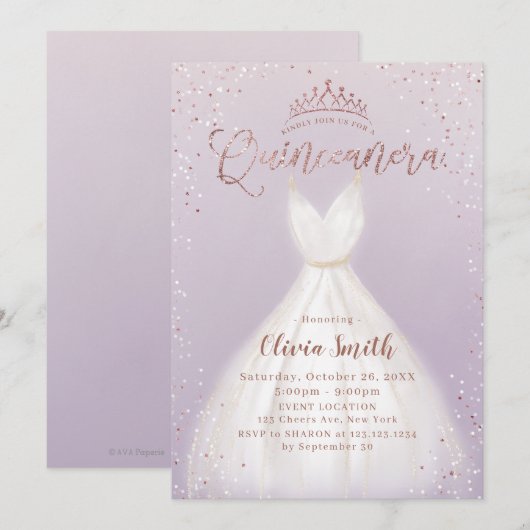Paarse roos gouden glitterjurk quinceañera kaart (Voorkant / Achterkant)