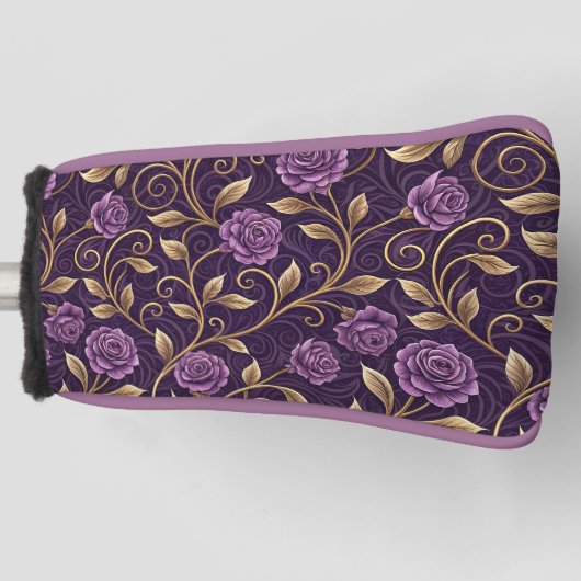 Paarse Roos Gouden Luxueus Bloemendesign Golfheadcover (Voorkant)