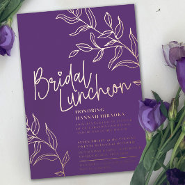 Paarse roos gouden tak van bladeren bruids lunch folie uitnodiging