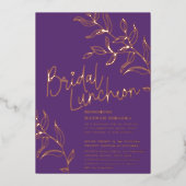 Paarse roos gouden tak van bladeren bruids lunch folie uitnodiging (Voorkant)