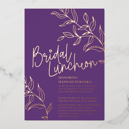 Paarse roos gouden tak van bladeren bruids lunch folie uitnodiging (Voorkant)