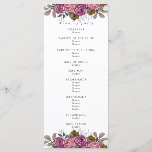 Paarse roos koraal roze bloemenbruiloft ceremonie programmakaart (Achterkant)