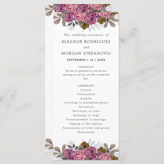 Paarse roos koraal roze bloemenbruiloft ceremonie programmakaart (Voorkant / Achterkant)