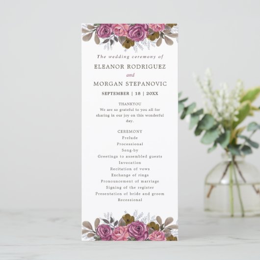 Paarse roos koraal roze bloemenbruiloft ceremonie programmakaart (Staand voorkant)