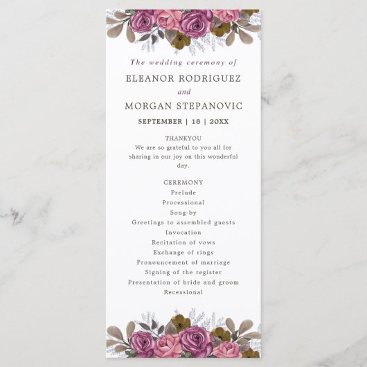 Paarse roos koraal roze bloemenbruiloft ceremonie programmakaart (Voorkant)