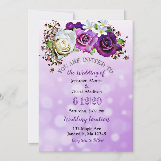 Paarse Roos Lavendel Bloemen Bruiloft Uitnodiginge Kaart (Voorkant)