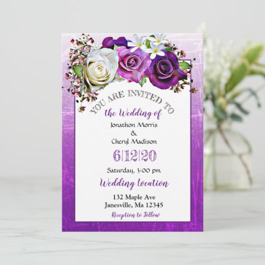 Paarse Roos Lavendel Bloemen Bruiloft Uitnodiginge Kaart (Staand voorkant)