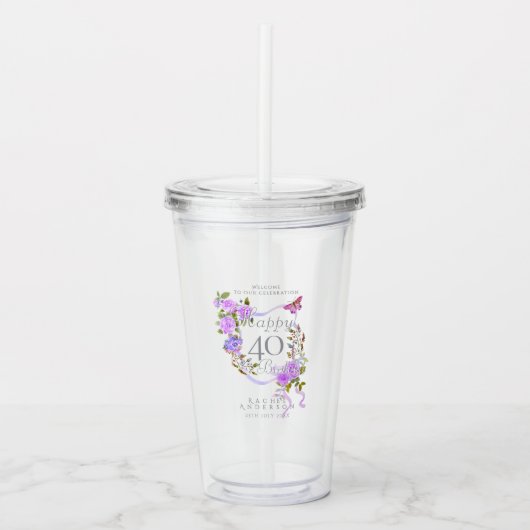 Paarse Roos Lint 40e Verjaardag Acryl Drinkbeker (Voorkant)