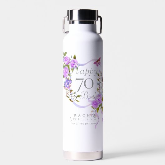 Paarse Roos Lint 70e Verjaardag Waterfles (Voorkant)