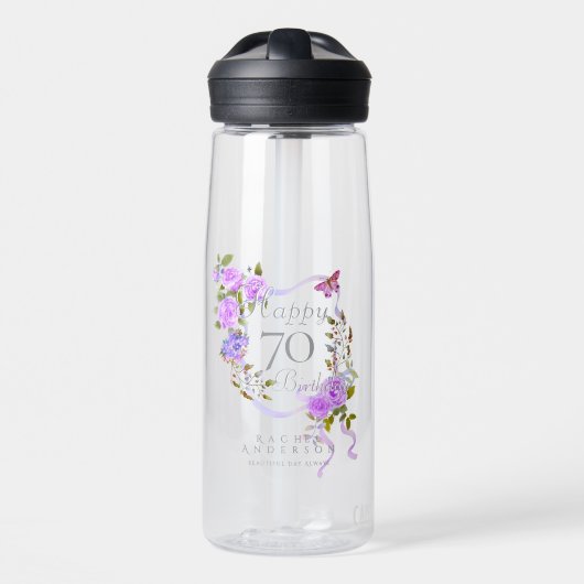Paarse Roos Lint 70e Verjaardag Waterfles (Voorkant)