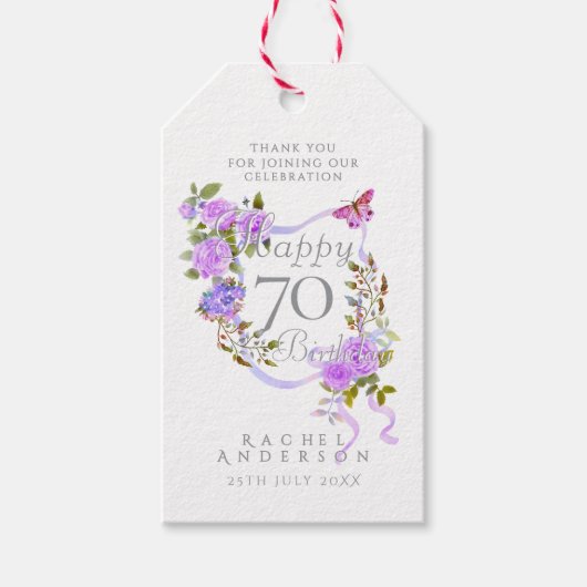 Paarse Roos Lint 70ste Verjaardag Cadeaulabel (Voorkant)
