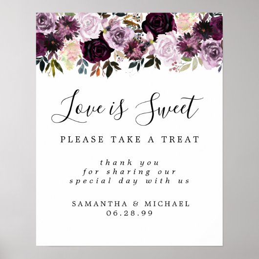 Paarse Roos Love is Sweet Wedding Dessert Bar Sign Poster (Voorkant)