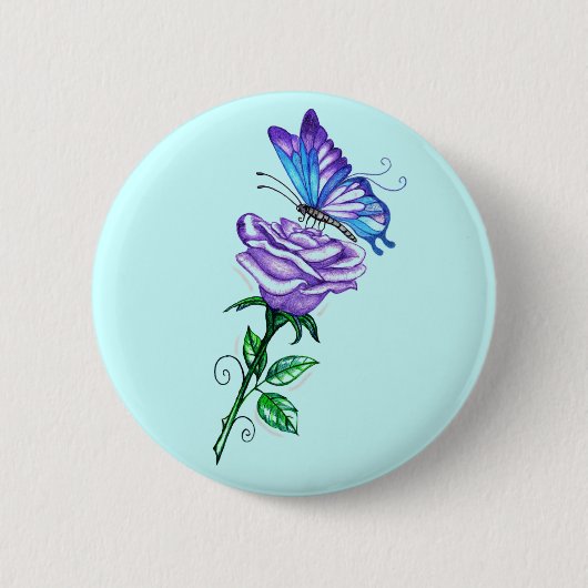 Paarse Roos met Vlinder Ronde Button 5,7 Cm (Voorkant)