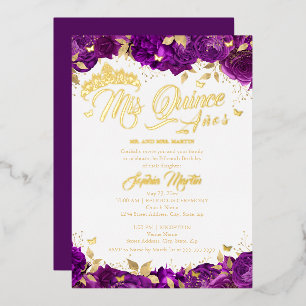 Paarse Roos Mis Quince Quinceanera Folie Uitnodiging