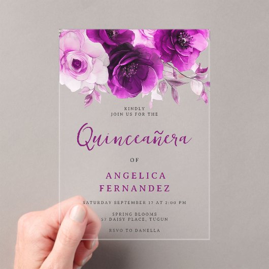 Paarse Roos Quinceanera Partij Acryl Uitnodigingen (Insitu (Draagbaar))